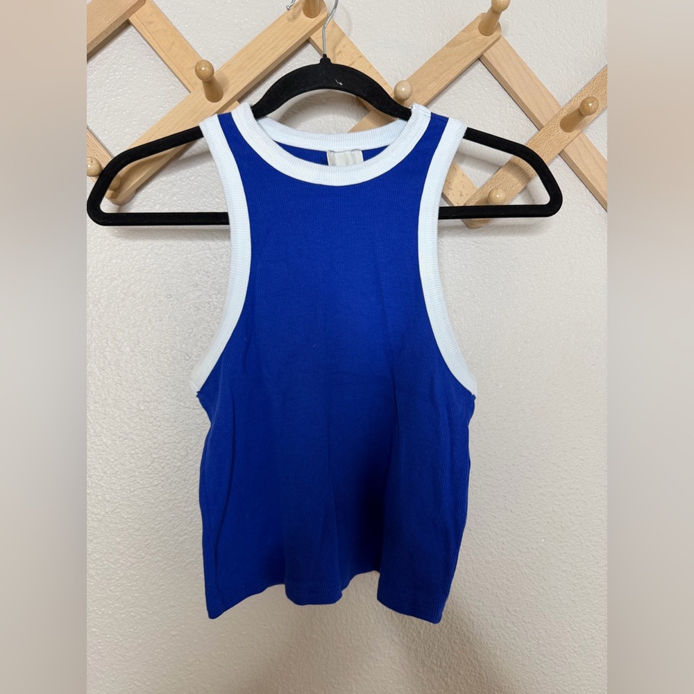 Maeve Ribbed Blue White Racerback Tank Sz S